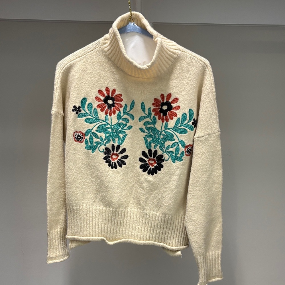 Pink Martini Cream Cowl Neck Sweater with Floral Embroidery